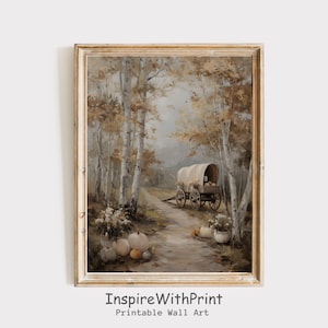 Vintage Fall Landscape Print, Fall Farmhouse Pumpkin Wall Art, Rustic Autumn Thanksgiving Wall Decor, Fall  Cottagecore Countryside Wall Art