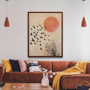 Vogelschwarm Print, Fliegende Vögel über Sonne Poster, Abstrakte Boho Wandkunst, Vogelschwarm Wandkunst, Vögel und Sonne Malerei, Rustikales Wanddekor