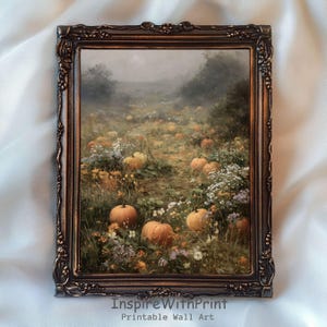 Vintage Fall Pumpkin Field Landscape Art, Autumn Cottagecore Printable Fall Farmhouse Print, Pumpkin Painting, Autumn Wildflower Meadow Art
