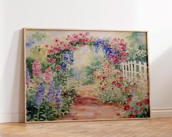 Watercolor Flower Garden Print, English Cottage Spring Flower Landscape Art Printable, Colorful Flower Print, Summer Farmhouse Wall Decor