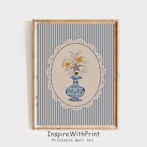 Blue Strip Flower Bouquet in Blue and White Chinoiserie Vase Print, Preppy Art Printable Cottage Core Print, Vintage Flower Vase Print