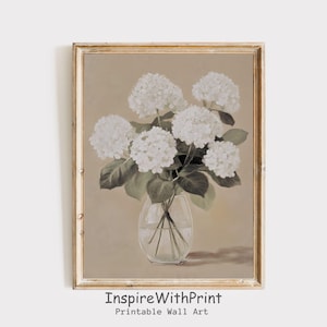 Vintage White Hydrangea Print, Moody Flower painting, Cottage Core Farmhouse Art Printable Neutral Wall Art, Soft Beige Print, Hydrangea Art