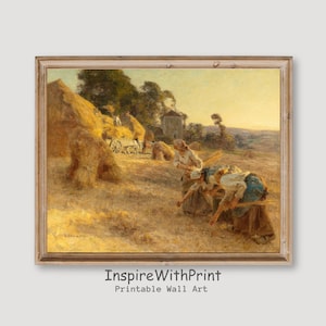 Wheat Field Landscape Print, Vintage Country Landscape Painting, Farmhouse Hay Fields Wall Art,  Fall Harvest Print, Autumn Wall Decor