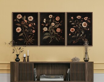 Juego de 3 impresiones de flores oscuras vintage, impresión botánica oscura, arte de pared imprimible con motivos florales melancólicos, impresión artística con motivos florales oscuros, impresión rústica de flores silvestres