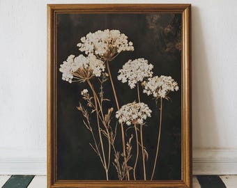 Vintage Dark Flower Print, Moody Wildflower Art Printable Dark Botanical Print, Antique Floral Neutral Art Print, Boho Flower Wall Decor