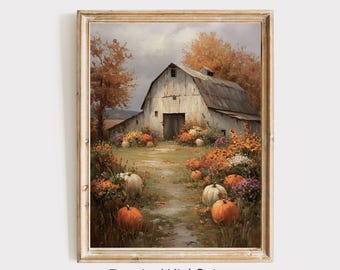 Pumpkin Barn Wall Art, Vintage Fall Barn Print, Rustic Fall Farmhouse Printable Autumn Cottagecore Art, Neutral Countryside Pumpkin Painting