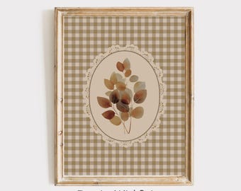 Vintage Fall Botanical Print, Autumn Cottagecore Leaves Art Printable Fall Foliage Print, Neutral Farmhouse Fall Print, Gingham Print