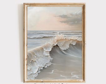 Coastal Landscape Wall Art, Boho Beach Print, Moody Ocean Wave Print, Neutral Seascape Art Printable Muted Color Sea Print, Waves Painting