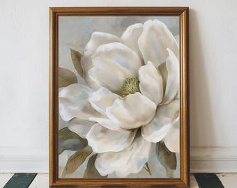 Vintage White Magnolia Flower Painting, Large Magnolia Flower Print, Digital Download Artful Floral Wall Art, Antique White Flower Print