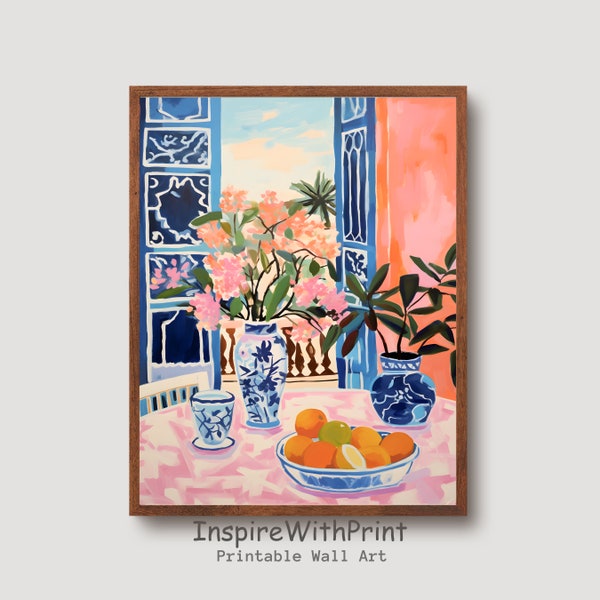 Pintura abstracta de bodegones de frutas, descarga digital de arte inspirado en Matisse, estampado de flores con naranjas, decoración de arte de pared de cocina moderna