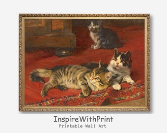 ヴィンテージチェアの上の遊び心のある子猫のアート | 素朴な猫の