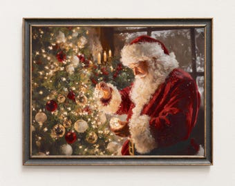 Vintage Santa Christmas Art with Ornaments, Classic Santa Painting Printable Cozy Holiday Festive Print, Santa Decorating Christmas Tree Art