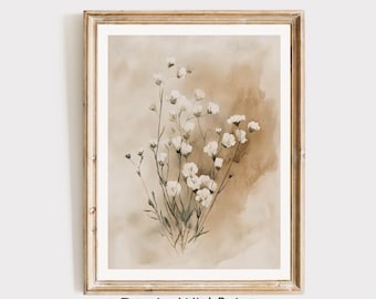Pintura de acuarela de flores blancas vintage, arte de pared botánico neutro, impresión de flores silvestres imprimible, decoración de pared neutra, impresión de arte de flores boho