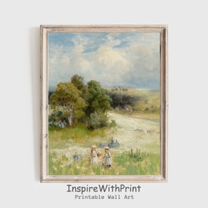 Kids at the wild flower field painting, digital download country flower field print, Vintage little girl spring wall art, kid room art decor