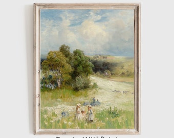 Kids at the wild flower field painting, digital download country flower field print, Vintage little girl spring wall art, kid room art decor
