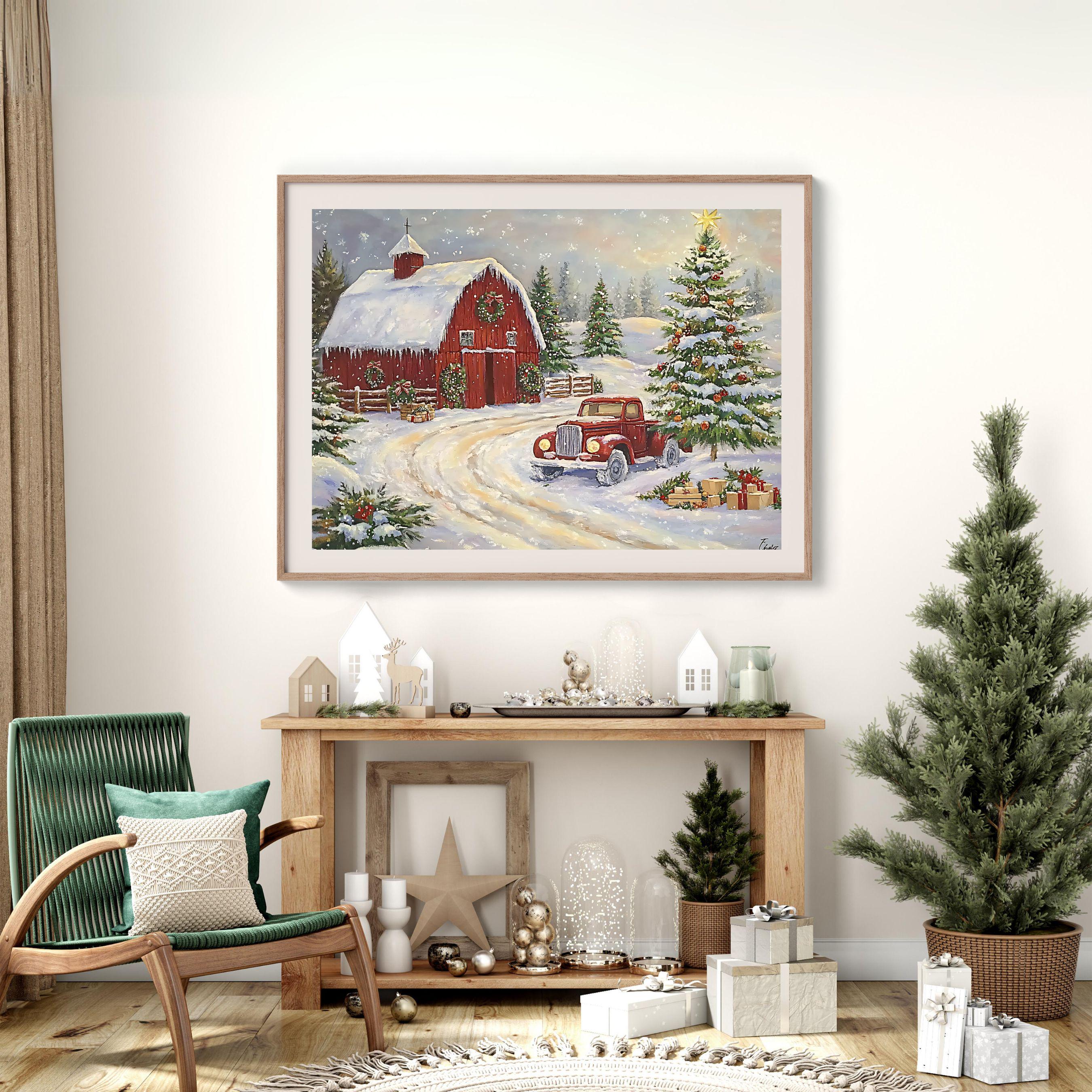 Christmas Red Barn Print Winter Season Wall Decor, Christmas Farmhouse ...