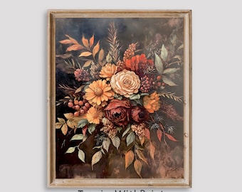 May include: A framed floral print featuring a bouquet of flowers in shades of orange, red, and cream. The artwork has a dark background and is set in a wooden frame. The text "InspireWithPrint Printable Wall Art" is at the bottom.