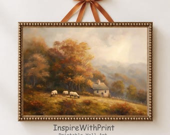 Autumn Cottage Printable Wall Art, Sheep Meadow Landscape Painting, Rustic English Countryside Decor, Digital Download