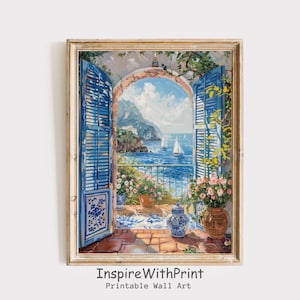 May include: A framed painting depicts a coastal scene viewed through blue shutters. The artwork showcases a balcony with potted flowers, a blue sea with sailboats, and a distant mountain range. The text "InspireWithPrint Printable Wall Art" is at the bottom.