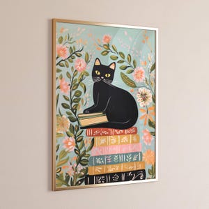 Schwarze Katze mit Bücherstapel Print, Geschenk für Katzenmama, Blumen und schwarze Katzenkunst, lustige Katzenprints, Henri Matisse Cat Printable, Bücherwurm