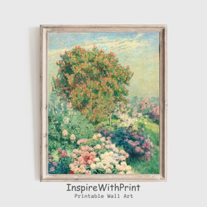 Vintage Spring Flower Garden Painting, Digital download French Country Cottage Landscape Art, French Antique Garden Print, Spring Wall Art