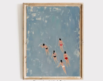 Swimming in the Beach Summer Print, Tiny People Swimming Print, Modern Summer Poster Beach House Blue Wall Decor Minimalist Summer Wall Art
