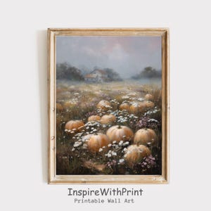 Vintage Fall Pumpkin Field Landscape Art, Autumn Cottagecore Printable Fall Farmhouse Print, Pumpkin Painting, Autumn Wildflower Meadow Art