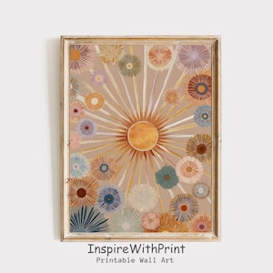 Boho Sun Print, Earthtones Boho Sun Wall Art Printable Abstract Sunrise Print, Midcentury Modern Art, Playroom Poster, Boho Nursery Wall Art