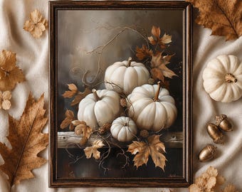 White Pumpkin Wall Art, Neutral Autumn Botanical Print, Harvest Cottagecore Decor, Thanksgiving Printable Wall Art