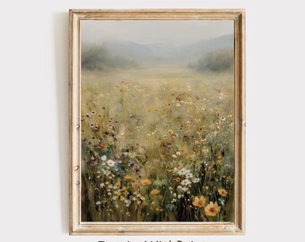 Vintage Fall Wildflower Meadow Print, Moody Wildflower Field Art Printable Neutral Fall Landscape Print, Farmhouse Autumn Cottagecore Art