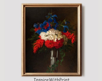 Red White and Blue Flowers Painting, Digital Download American Patriot Wall Art, Fourth of July Bouquet Flowers Art, Flower Still Life Print