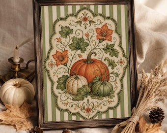 Vintage Pumpkin Botanical Wall Art, Cottagecore Harvest Print, Neutral Farmhouse Autumn Decor, Elegant Fall Artwork