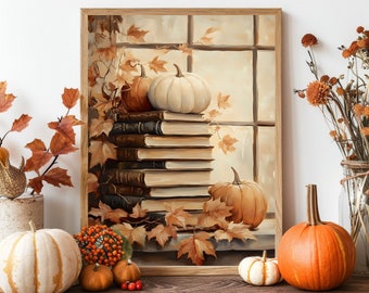 Moody boeken stapelen met herfstbladeren kunst aan de muur, boeken en pompoenen Art Print, herfst schoolse muur kunst afdrukbare voor de inrichting van de leeszaal