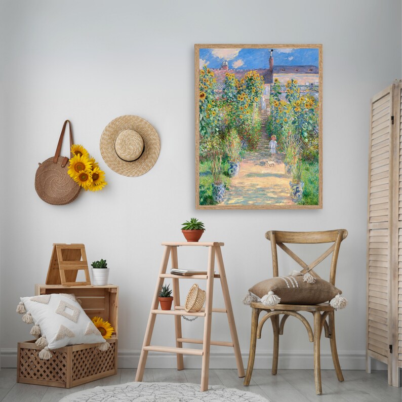 Vintage Kid in the Sunflower Garden Painting, Artist's Garden by