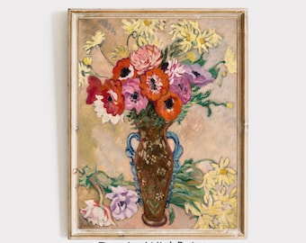 Vintage Flowers Still Life Print, Colorful Flower Vase Printable, Bright Flowers Wall Art, Spring Floral Art, Moody Still Life Oil Painting