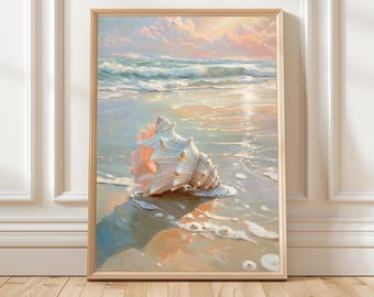 Pink Conch Shell Painting Coastal Sunset Wall Art, Elegant Beach Decor, Tropical Ocean Landscape, Nautical Home Accent Gift