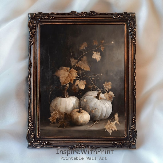 Vintage Pumpkin Painting, Neutral Fall Wall Art, Pumpkin Print, Dark Fall Cottagecore Art, Fall Farmhouse Art Printable Rustic Autumn Print
