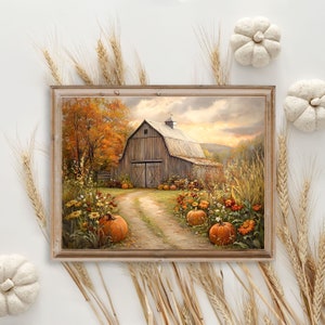 Bauernhaus Kürbis Scheune Wandkunst, Stimmungsvolle Herbst Scheune Druck, Rustikale Herbst Dekoration, Herbst Saison Kunstdruck, druckbare Landschaft Herbst Gemälde