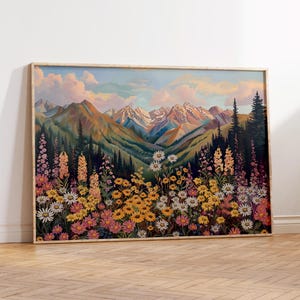 Mountain Wildflower Landscape Art Print, Printable Mountain Landscape Wall Art, Colorful Flower Field Art, Mountain Ranges Painting