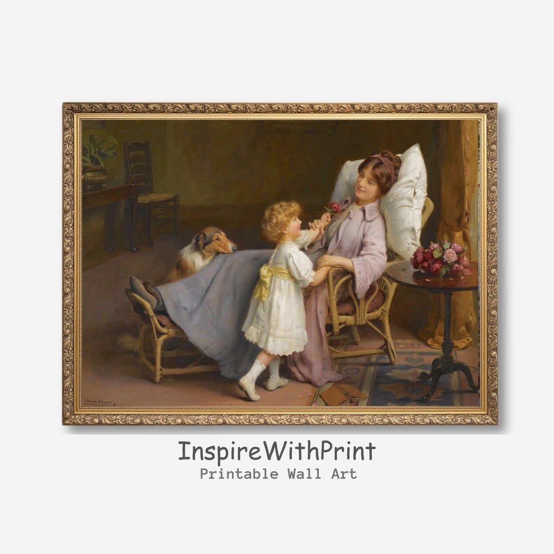 母と娘の絵画、デジタルダウンロードヴィンテージウォールアート