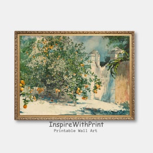 Vintage Orange Tree Painting, Vintage Garden Watercolor Painting, Summer Garden Wall Art, Mediterranean Garden Print, Kitchen Art Printable