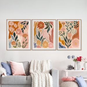 Abstract Flower Botanical Print Set of 3, Boho Flower Wall Art Printable Flower Market Print, Aesthetic Pastel Art Decor, Retro Flower Print