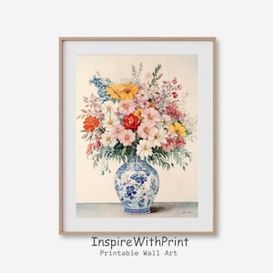 Colorful Flowers Bouquet in Blue and White Chinoiserie Vase Print, Patel Floral Wall Art Printable Chinoiserie Painting, Flower Vase Print