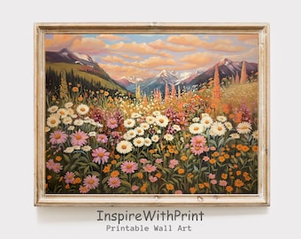 Mountain Wildflower Landscape Art Printable Spring Summer Wall Decor, Colorful Flower Meadow Field Painting Boho Mountain Landscape Wall Art