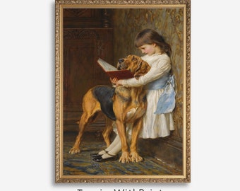 Vintage  Little Girl Reading Painting, Digital Download Kid With Dog Print, Vintage Girl's Room Wall Art, Artful Reading Portrait Print