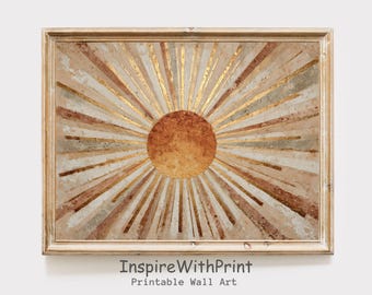Boho Sun Print, Horizontal Sun Art Printable Abstract Sunrise Print, Midcentury Modern Earthtones Art, Playroom Poster, Boho Nursery Print