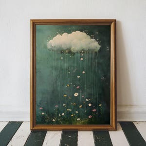 Moody Cloud Wall Art, Raining Cloud and Wildflower Landscape Painting, Sage Green Wall Art, Vintage Cottagecore Printable Wildflowers Art