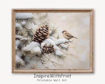 Vintage Winter Bird Print, Winter Bird Wall Art, Neutral Winter Snow Print, Winter Farmhouse Wall Decor, Winter Sparrow Art, Pinecones Print