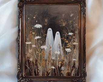 May include: A framed painting featuring two white ghost figures in a field of wildflowers. The artwork has a dark background and is set in a decorative, ornate bronze-colored frame. The text "InspireWithPrint Printable Wall Art" is at the bottom.