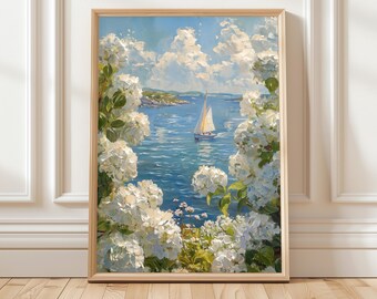白いアジサイの海岸風景画、航海をテーマにした帆船の壁飾り、ビーチハウスの風景プリント、オーシャンコテージのリビングルームのアートワーク
